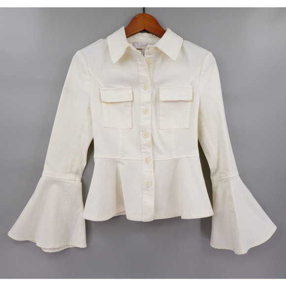 Scripted Peplum Jacket Womens XS Cream Flared Sleeve Canvas Fitted Mod 70s Retro - Picture 1 of 16